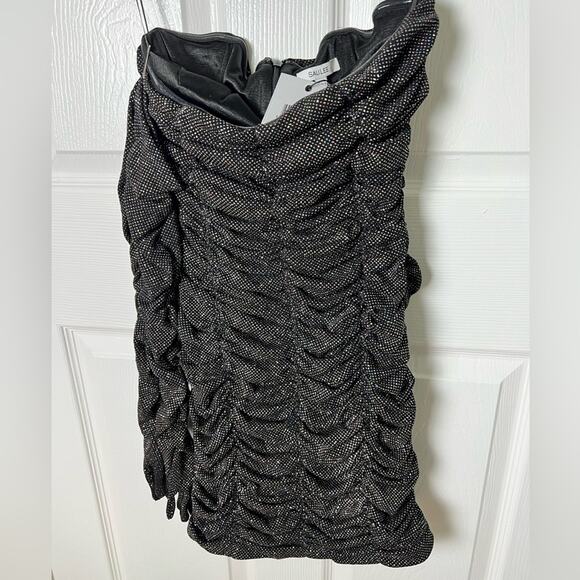 SAU LEE Revolve Black Strapless Faye Metallic Ruched Mini Dress W/ Gloves 4 - Picture 3 of 9